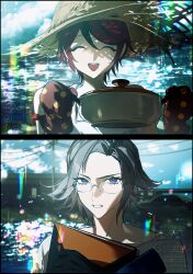  2boys :d ^_^ absurdres ahoge aizendai aotsuki_eito blue_eyes chinese_commentary closed_eyes commentary_request cooking_pot film_grain glasses grey_hair hat highres holding holding_cooking_pot holding_notebook looking_at_viewer looking_over_eyewear male_focus multicolored_hair multiple_boys notebook oven_mitts red_hair shirt short_hair smile split_screen straw_hat streaked_hair sumino_takumi the_hundred_line_-last_defense_academy- watermark white_shirt 