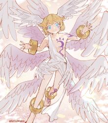 1boy ancient_greek_clothes angel angel_wings bare_shoulders barefoot blonde_hair blue_eyes body_markings bracelet chest_tattoo child chiton digimon digimon_(creature) digimon_frontier facial_mark feathered_wings full_body greco-roman_clothes head_wings highres holy_ring jesterromut jewelry leg_tattoo looking_at_viewer lucemon male_focus multiple_wings seraph shoulder_tattoo stomach_tattoo tattoo wings 