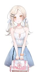  1girl :o absurdres bag bare_shoulders belt black_belt blonde_hair blue_skirt blush bow breasts camisole collarbone colored_eyelashes commentary_request cowboy_shot denim denim_skirt eyeliner flipped_hair gakuen_idolmaster gradient_hair grey_hair hair_bow hair_ornament hairclip hare_(hare_1730) highres holding holding_bag idolmaster long_hair looking_at_viewer makeup midriff multicolored_hair open_mouth orange_eyes orange_ribbon orange_scrunchie parallel_hairclips parted_bangs pink_bow ribbon rope_belt scrunchie shinosawa_hiro simple_background skirt small_breasts solo standing twintails v_arms white_background white_bag white_bow white_camisole wrist_scrunchie 