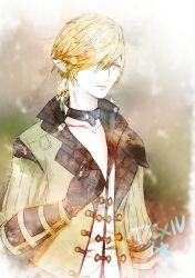  1girl black_choker black_gloves blonde_hair blue_eyes choker closed_mouth collarbone copyright_name elezen elf final_fantasy final_fantasy_xiv gloves green_jacket hair_over_one_eye jacket pointy_ears ruka_(blueplus84) shale_(ff14) short_hair solo 