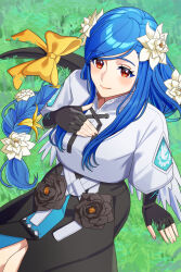  1girl absurdres angel_wings arm_support black_dress black_flower black_gloves blue_eyeshadow blue_hair blush braid braided_ponytail breasts closed_mouth dizzy_(guilty_gear) dress eyeshadow fingerless_gloves flower front_slit gloves guilty_gear guilty_gear_strive hair_flower hair_ornament hand_on_own_chest highres large_breasts long_hair looking_at_viewer low-tied_long_hair makeup mature_female nail_polish on_grass outdoors pink_nails queen_dizzy red_eyes ribbon sidelocks sitting smile solo swept_bangs tail tail_ornament tail_ribbon ushiroki white_flower wings yellow_flower 