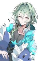  1boy alternate_costume anaxa_(alternate_spacetime)_(honkai:_star_rail) anaxa_(honkai:_star_rail) aqua_jacket black_shirt blue_eyes closed_mouth commentary_request dromas_(honkai:_star_rail) green_hair hair_between_eyes headphones headphones_around_neck highres holding holding_stuffed_toy honkai:_star_rail honkai_(series) hood jacket long_hair looking_at_viewer male_focus popopoyu0 red_pupils shirt simple_background smile solo stuffed_animal stuffed_toy upper_body white_background 