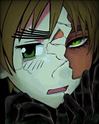  1boy axis_powers_hetalia black_background black_gloves blonde_hair crack cracked_kawaii_mask cracked_mask eyelashes gloves green_eyes kiyayasuda looking_at_viewer male_focus mask open_mouth portrait sanpaku solo united_kingdom_(hetalia) 