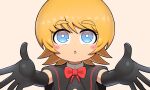  1girl :o bangs black_capelet black_gloves blonde_hair blue_eyes blush bow bowtie bright_pupils capelet commentary cookie_(touhou) elbow_gloves eyebrows_visible_through_hair gloves grey_background highres kirisame_marisa looking_at_viewer madore meguru_(cookie) open_mouth reaching_out red_bow red_bowtie short_hair simple_background touhou upper_body white_pupils 