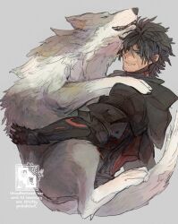  1boy animal armor beard_stubble black_armor black_cloak black_gloves black_hair blue_eyes clive_rosfield cloak commentary cropped_torso dog english_commentary facial_hair final_fantasy final_fantasy_xvi gloves grey_background grin hair_between_eyes holding holding_animal holding_dog male_focus metal_gloves red_vest scar scar_on_cheek scar_on_face short_hair smile stubble teeth torgal_(ff16) vest zerou_pan 