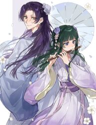  1boy 1girl blue_eyes blunt_bangs bun_cover chinese_clothes closed_mouth cowboy_shot falling_petals flower flute freckles green_hair hair_bun hair_flower hair_ornament half_updo hanfu highres holding holding_flute holding_instrument instrument jinshi_(kusuriya_no_hitorigoto) kusuriya_no_hitorigoto light_smile maomao_(kusuriya_no_hitorigoto) music petals pink_eyes playing_flute playing_instrument purple_hair wide_sleeves yuikisezu 