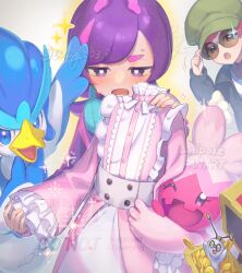  2girls blush bright_pupils commentary_request dot_(pokemon) dress frown gimmighoul glint green_hat hand_up hat long_hair multiple_girls open_mouth penny_(pokemon) pink_dress pokemon pokemon_(anime) pokemon_(creature) pokemon_horizons purple_hair quaxwell sparkle sunglasses sweat tinkaton twitter_username unworn_dress violet_eyes watermark white_pupils wing_(wing_0319) 