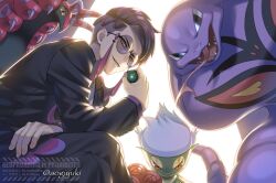  1boy aogiyuki arbok black_hair black_jacket black_pants commentary_request corbeau_(pokemon) crossed_legs dusk_ball grin highres holding holding_poke_ball jacket long_sleeves looking_down male_focus pants poke_ball pokemon pokemon_(creature) pokemon_legends:_z-a roserade round_eyewear scolipede short_hair smile sunglasses teeth twitter_username watermark yellow_eyes 