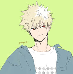  1boy bakugou_katsuki blonde_hair blue_jacket boku_no_hero_academia closed_mouth commentary_request crew_neck green_background jacket long_neck looking_to_the_side male_focus navyou38 patterned_clothing sanpaku shirt short_hair simple_background smirk solo spiky_hair twitter_username upper_body white_shirt 