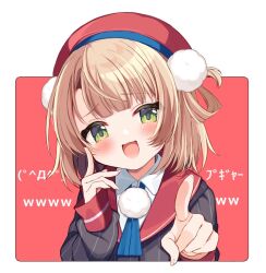  1girl :d beret black_jacket blonde_hair blush collared_shirt finger_to_cheek green_eyes hair_ornament hair_rings hat indie_virtual_youtuber jacket kiyokura_meru long_sleeves looking_at_viewer open_mouth pointing pointing_at_viewer pom_pom_(clothes) pom_pom_hair_ornament red_background red_hat shigure_ui_(vtuber) shirt short_hair smile solo striped_clothes striped_jacket translation_request two-tone_background upper_body white_background white_shirt 