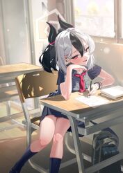  1girl :d arms_on_table bag black_hair black_horns black_nails black_shoes black_skirt black_socks blue_archive blush book chair classroom collared_shirt demon_horns demon_wings desk earclip grey_halo grey_shirt hair_between_eyes halo hand_on_own_cheek hand_on_own_face head_rest highres horns indoors karasu-san_(syh3iua83) kayoko_(blue_archive) looking_at_viewer multicolored_hair necktie open_mouth pencil pleated_skirt ponytail red_eyes red_necktie school_bag school_chair school_desk school_uniform shirt shoes short_sleeves sitting skirt smile socks solo two-tone_hair white_hair window wings wristband 