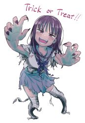  1girl absurdres artist_request bandaged_leg bandages black_hair black_nails blue_sailor_collar blue_skirt claw_pose commentary_request full_body halloween highres kyou_kara_hajimeru_osananajimi long_hair open_mouth reaching reaching_towards_viewer sailor_collar school_uniform serafuku sharp_teeth shirt simple_background skirt smile solo teeth torn_clothes torn_shirt torn_skirt trick_or_treat white_background white_shirt yuzuki_kaede 