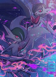  colored_skin commentary_request dress elbow_gloves gallade gardevoir gloves green_hair hair_over_one_eye highres horimhkw11 looking_at_viewer mega_gallade mega_gardevoir mega_pokemon pink_eyes pokemon pokemon_(creature) pokemon_legends:_z-a watermark white_dress white_gloves white_skin 
