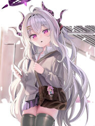  1girl absurdres alternate_costume bag black_skirt black_thighhighs blue_archive buttons cardigan cellphone character_doll collared_shirt commentary_request cowboy_shot doll ento_(user_jjce7387) grey_cardigan hair_between_eyes hair_ornament hair_ribbon hairclip halo head_tilt highres hina_(blue_archive) holding holding_phone hoshino_(blue_archive) indoors long_hair long_sleeves looking_at_viewer miniskirt multicolored_halo parted_lips phone pleated_skirt purple_halo ribbon school_bag school_uniform shirt shoulder_bag sidelocks skirt smartphone solo standing thigh-highs train_interior two-tone_halo wavy_hair white_shirt window zettai_ryouiki 