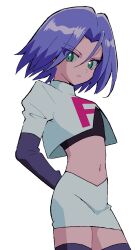  1boy black_gloves blue_hair commentary_request crop_top crossdressing gloves green_eyes highres james_(pokemon) looking_at_viewer macchiromomomo pokemon pokemon_(anime) pokemon_(classic_anime) single_letter team_rocket team_rocket_uniform trap 