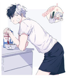  2boys bandage_on_face bandages bent_over_furniture black_hair black_shorts cereal closed_mouth commentary_request eating from_side heterochromia korean_commentary lemonmelon00 male_focus milk_carton multicolored_hair multiple_boys sakura_haruka_(wind_breaker) shirt short_hair shorts split-color_hair two-tone_hair umemiya_hajime white_hair white_shirt wind_breaker_(nii_satoru) 