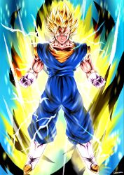 1boy aura blue_pants blue_sash blue_shirt boots clenched_hands dougi dragon_ball dragon_ball_z electricity full_body gloves green_eyes highres male_focus medium_hair muscular muscular_male orange_shirt pants sash shirt solo soumarudb spiky_hair super_saiyan super_saiyan_1 vegetto white_boots white_gloves 