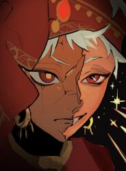  1boy arabian_clothes black_background crack cracked_kawaii_mask cracked_mask dark-skinned_male dark_skin grin headscarf highres kalim_al-asim male_focus mask red_eyes red_shirt shirt short_hair smile solo teeth toomuchukiki twisted_wonderland white_hair 