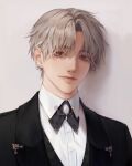  1boy bangs black_jacket brooch brown_eyes closed_mouth collared_shirt dress_shirt ear_piercing earrings grey_hair highres jacket jewelry looking_at_viewer male_focus open_clothes open_jacket original piercing shirt short_hair solo tosil_080 upper_body white_shirt 