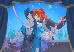  2boys antenna_hair black_gloves black_shirt blue_eyes blue_hair bottle champagne_flute closed_mouth collared_shirt commentary_request cup dark-skinned_male dark_skin diluc_(genshin_impact) drinking_glass earrings eyepatch genshin_impact gloves grey_vest hair_between_eyes hair_over_shoulder high_ponytail holding inseki jewelry kaeya_(genshin_impact) long_hair long_sleeves low_ponytail male_focus mochuuuuuuu multiple_boys one_eye_covered pectoral_cleavage pectorals ponytail pouring red_eyes red_hair shirt single_earring smile step-siblings vest waistcoat wine_bottle 