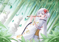  1girl azur_lane bamboo bamboo_forest blue_butterfly blue_eyes bug butterfly commentary_request dutch_angle flower flute forest from_side hair_flower hair_ornament highres instrument japanese_clothes kimono long_hair long_sleeves music nature playing_flute playing_instrument red_flower sash shoukaku_(azur_lane) solo spider_lily tina_(tinafya) very_long_hair white_hair white_kimono wide_sleeves yellow_sash 