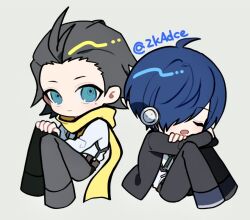  2boys ahoge aqua_eyes belt black_belt black_jacket black_pants black_trim blue_hair brown_belt closed_mouth deformed gekkoukan_high_school_uniform grey_background grey_hair hair_slicked_back hand_on_own_knee headphones invisible_chair jacket long_sleeves male_focus mochizuki_ryouji mole mole_under_eye multiple_boys open_mouth pants parted_bangs scarf school_uniform shirt short_hair sitting suspenders twitter_username white_shirt yellow_scarf yuuki_makoto_(persona_3) zeka_(skzk_cm) 