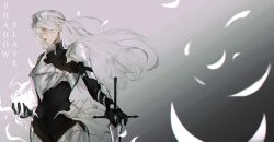  1girl arm_guards armor black_bodysuit black_gloves bodysuit breastplate burning copyright_name cowboy_shot crown falling_feathers feathers fire floating_hair gloves grey_eyes highres holding holding_sword holding_weapon knight logicsterrr long_hair looking_at_viewer magic nephis_(shadow_slave) parted_lips shadow_slave shoulder_armor standing sword weapon white_hair 