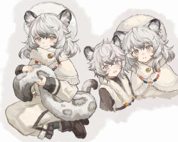  2girls aged_down animal_ear_fluff animal_ears arknights black_boots blush boots capelet character_request check_character cliffheart_(arknights) commentary_request dress fringe_trim fur_hat grey_background grey_eyes grey_hair hair_between_eyes hat highres leopard_ears leopard_girl leopard_tail long_sleeves multiple_girls open_mouth pramanix_(arknights) puffy_long_sleeves puffy_sleeves siblings sisters sleeves_past_wrists tail touchika white_capelet white_dress white_hat 