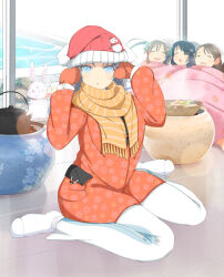 1girl 3others 4girls :< :d :o aimu_(senran_kagura) animal_ears black_hair blue_eyes blush bow brown_hair bucket cape closed_eyes coat cooking cow cow_horns curled_ends curly_hair eyepatch fire floral_print floral_print_coat food food_print fur-trimmed_mittens fur_trim green_cape grey_hair hair_between_eyes hair_bow hat horns leaf leaf_on_head looking_at_viewer macaron_print minori_(senran_kagura) mirai_(senran_kagura) mitsudomoe_(shape) mittens multiple_girls multiple_others ninto_(senran_kagura) official_alternate_costume official_art open_mouth orange_scarf pants pink_blanket pontarou_(senran_kagura) pool rabbit rabbit_ears raccoon red_coat red_eyes red_mittens red_scarf ring_hair_ornament santa_hat scarf senran_kagura senran_kagura_new_wave senran_kagura_shinovi_versus senran_kagura_shoujo-tachi_no_shin'ei short_hair sitting sleeping smile snowman_print socks sparkle steam striped_bow striped_clothes striped_scarf teapot tile_floor tiles tomoe_(symbol) twintails ushiwakamaru_(senran_kagura) vase wariza white_bow white_pants white_socks window yumi_(senran_kagura) 
