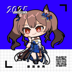  1girl 2025 ambience_synesthesia angelina_(ambience_synesthesia_2025)_(arknights) angelina_(arknights) animal_ears annotated arknights bare_shoulders black_shoes blue_dress blush_stickers bright_pupils brown_hair character_name chibi commentary deformed dress fox_ears fox_girl fox_tail hand_on_own_chest highres long_hair neirozum no_nose o-ring qr_code red_eyes shoes short_dress sleeveless sleeveless_dress smile solo strapless strapless_dress tail thigh_strap twintails white_pupils 