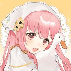  1girl animal bird bow dot_nose eyelashes floral_print goose gradient_background happy headscarf holding holding_animal infinity_nikki lace_background layered_sleeves light_blush long_hair long_sleeves nikki_(nikki) nikki_(series) open_mouth pink_eyes pink_hair print_headwear riliing shirt short_over_long_sleeves short_sleeves shoulder_bow sidelocks smile solo sparkle stardew_valley stardew_valley_encounter_(infinity_nikki) teeth upper_body upper_teeth_only white_headscarf white_shirt yellow_background yellow_bow 