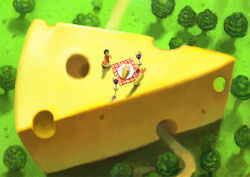  1girl alcohol baguette black_hair bread cheese commentary_request cup dress drinking_glass food from_above full_body nuq original oversized_food oversized_object picnic_blanket plate red_dress red_shoes shoes short_hair shrimp shrimp_tempura sliced_cheese solo swiss_cheese tempura tree wine wine_glass 