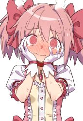  1girl @_@ absurdres blush bow choker ebora english_commentary full-face_blush gloves hair_bow hand_on_own_face highres juliet_sleeves kaname_madoka kaname_madoka_(magical_girl) long_sleeves magical_girl mahou_shoujo_madoka_magica pink_choker pink_eyes pink_hair puffy_sleeves solo soul_gem sweat twintails wavy_mouth white_gloves 