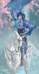  1boy antenna_hair armor blue_eyes blue_gemstone blue_hair dark-skinned_male dark_skin earrings eyepatch fur_scarf gauntlets gem genshin_impact greaves hair_over_shoulder highres horse horseback_riding jewelry kaeya_(genshin_impact) long_hair long_sleeves low_ponytail male_focus mochuuuuuuu one_eye_covered ponytail riding shirt single_earring 