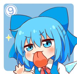  1girl blue_bow blue_dress blue_eyes blue_hair blush bow chibi cirno commentary_request dress hair_bow hand_on_screen ice ice_wings licking_screen looking_at_viewer revision short_sleeves solo sparkle tongue tongue_out touhou wings yige_lurenjia 