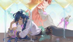  2boys antenna_hair black_gloves blue_hair bottle cocktail_glass commentary_request cup dark-skinned_male dark_skin diluc_(genshin_impact) drinking_glass earrings eyepatch genshin_impact gloves hair_over_shoulder holding jewelry kaeya_(genshin_impact) long_hair long_sleeves low_ponytail male_focus mochuuuuuuu multiple_boys one_eye_covered open_clothes open_shirt ponytail red_hair shirt single_earring step-siblings wine_bottle wreath 