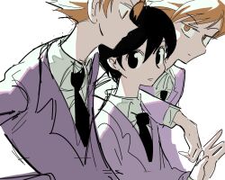  1girl 2boys arm_around_shoulder black_necktie collared_shirt crossdressing crossdressing_(ftm) fujioka_haruhi hair_between_eyes highres hitachiin_hikaru hitachiin_kaoru jacket looking_at_another multiple_boys necktie orange_eyes orange_hair ouran_high_school_host_club ouran_high_school_uniform parted_lips pure_to_ma purple_jacket school_uniform shirt short_hair siblings sketch suit_jacket twins upper_body white_background white_shirt 