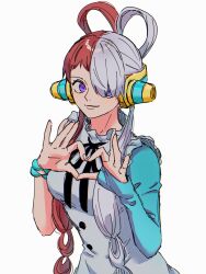  1girl blue_gloves bracelet closed_mouth commentary dress elbow_gloves gloves hair_over_one_eye hdksz_39 headphones heart heart_hands highres jewelry multicolored_hair neck_ribbon one_piece one_piece_film:_red red_hair ribbon simple_background single_elbow_glove sleeveless sleeveless_dress smile solo two-tone_hair upper_body uta_(one_piece) violet_eyes white_background white_dress white_hair 