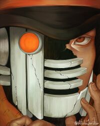  1boy 1other artist_name atalajoestar black_hair black_hat brown_eyes close-up cracked_kawaii_mask english_commentary eye_focus hat highres holding jojo_no_kimyou_na_bouken jojolion looking_at_viewer male_focus orange_eyes orange_scarf scarf solo stand_(jojo) toru_(jojolion) twitter_username wonder_of_u 