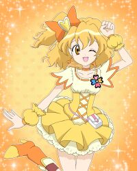  1girl absurdres bag blonde_hair boots bow brown_eyes choker commentary_request cure_pine dress earrings fresh_precure! hair_bow hand_up heart heart_earrings high_heel_boots high_heels highres jewelry looking_at_viewer magical_girl meru_(mer_milky77) one_eye_closed one_side_up open_mouth precure short_sleeves smile solo standing standing_on_one_leg wrist_cuffs yamabuki_inori yellow_background yellow_theme 