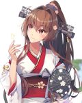  1girl brown_eyes brown_hair cherry_blossoms closed_mouth flower hair_flower hair_ornament hand_fan himeyamato japanese_clothes kantai_collection kimono long_hair looking_to_the_side ponytail smile solo very_long_hair yamato_(kancolle) yamato_kai_ni_(kancolle) 