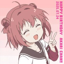  1girl ^_^ ahoge akaza_akari blush brown_sailor_collar closed_eyes commentary_request dated double_bun dress hair_bun happy_birthday highres layered_sleeves long_sleeves nanamori_school_uniform open_mouth pixel_art portrait red_dress red_hair sailor_collar sailor_shirt school_uniform shirt short_hair short_over_long_sleeves short_sleeves simple_background smile solo twintails two_side_up upper_body v violet_eyes white_shirt yuru_kaze yuruyuri 