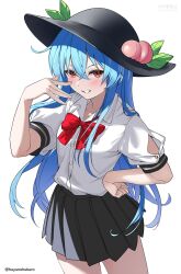 1girl alternate_costume artist_name black_hair black_skirt blue_hair bow bowtie check_commentary commentary commentary_request crossed_bangs hair_between_eyes hand_on_own_hip highres hinanawi_tenshi long_hair looking_at_viewer monkey_ears orange_eyes peach_hat_ornament pleated_skirt princess queen red_bow red_bowtie school_uniform shirt short_sleeves skirt smile solo standing touhou white_shirt yoshinatsu