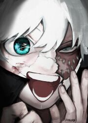  1boy aqua_eyes arms_up black_shirt boku_no_hero_academia collared_shirt cracked_kawaii_mask cracked_mask dabi_(boku_no_hero_academia) empty_eyes hair_between_eyes highres kaisunde0 male_focus mask mismatched_eyes open_mouth popped_collar portrait sanpaku shirt short_hair smile solo stitched_face stitches teeth twitter_username white_hair 