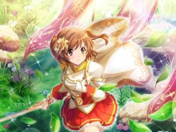  1girl aijou_karen armor brown_eyes brown_hair cape closed_mouth epaulettes flower frown game_cg hair_ornament holding holding_sword holding_weapon jacket long_sleeves looking_at_viewer official_art red_skirt short_hair shoujo_kageki_revue_starlight shoujo_kageki_revue_starlight_-re_live- shoulder_armor single_epaulette skirt solo sword two_side_up upper_body weapon white_cape white_jacket 