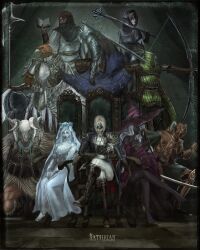  absurdres animal_head bird_boy black_capelet black_gloves black_hair black_skin blindfold_mask blonde_hair bloodborne blue_surcoat breasts brother_and_sister capelet chair colored_eyelashes colored_skin dark_skin dark_souls_(series) dark_souls_i dark_souls_iii dress duchess_(elden_ring) elden_ring elden_ring_nightreign executor_(elden_ring) gloves green_hood guardian_(elden_ring) hat hat_over_eyes hat_over_one_eye helmet highres hood hood_up ironeye_(elden_ring) jewelry large_hat long_hair looking_at_viewer mask purple_hat purple_sleeves raider_(elden_ring) recluse_(elden_ring) revenant_(elden_ring) satsu-strive siblings undertaker_(elden_ring) very_dark_skin white_eyelashes witch witch_hat wooden_staff 