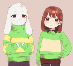  1boy 1other absurdres asriel_dreemurr brown_hair chara_(undertale) collared_shirt frown furry furry_male heart_soma highres shirt shorts smile sweater tagme undertale utdr_(toby_fox) 