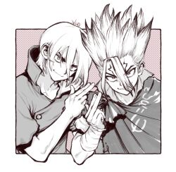  2boys :3 bandaged_arm bandages cloak closed_mouth commentary_request dr._stone facial_mark forehead_mark greyscale grin hair_between_eyes hands_up ishigami_senkuu looking_at_viewer male_focus middle_finger monochrome multiple_boys nanami_ryuusui ninomae_gin polka_dot polka_dot_background short_hair smile smirk spiky_hair upper_body 