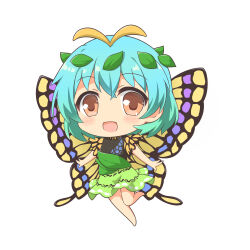  1girl :d bare_arms barefoot black_shirt blue_hair brown_eyes butterfly_wings chibi commentary_request eternity_larva full_body green_skirt hair_between_eyes insect_wings leaf leaf_on_head looking_at_viewer shino_megumi shirt simple_background skirt smile solo touhou white_background wings 