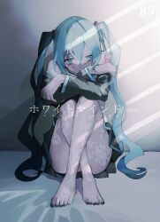  1girl aqua_eyes aqua_hair aqua_nails barefoot commentary_request detached_sleeves full_body hair_between_eyes hatsune_miku heart heart-shaped_pupils highres hugging_own_legs light_rays long_hair miniskirt nail_polish number_tattoo pleated_skirt revision shoulder_tattoo skirt solo soyaka symbol-shaped_pupils tattoo toenail_polish toenails twintails very_long_hair vocaloid white_mind_(vocaloid) 